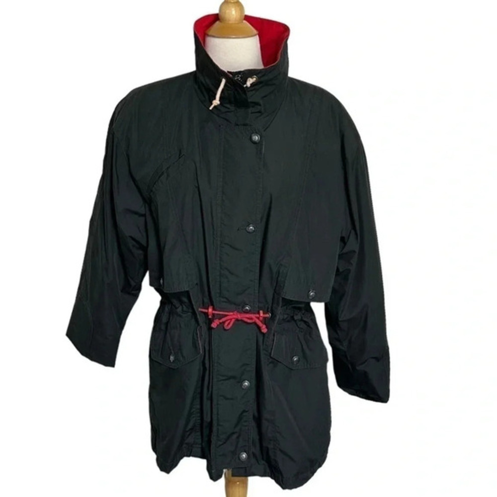 London Fog Jacket Medium Black Red Vintage Drawstring Waist Raincoat Windbreaker